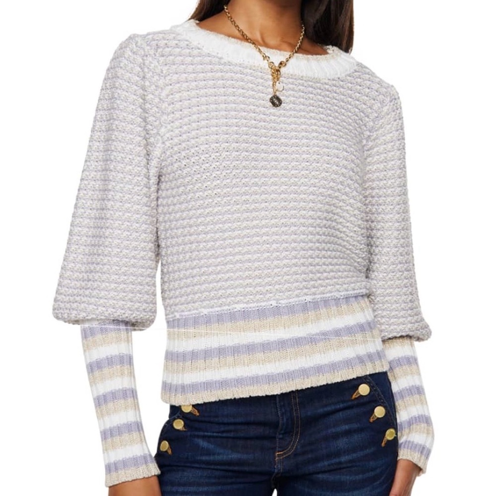 Ramy Brook Sweater Knit Striped Peplum Sleeve Blue Metallic‎ Crew NWT women's XS